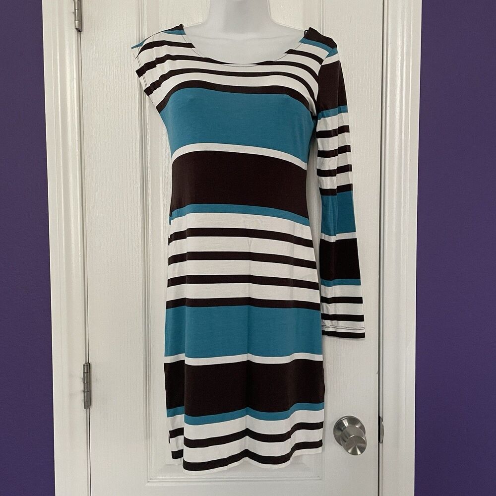 VENUS Striped Pullover Blue White Brown Cap Long Sleeve Dress Size Small NWOT